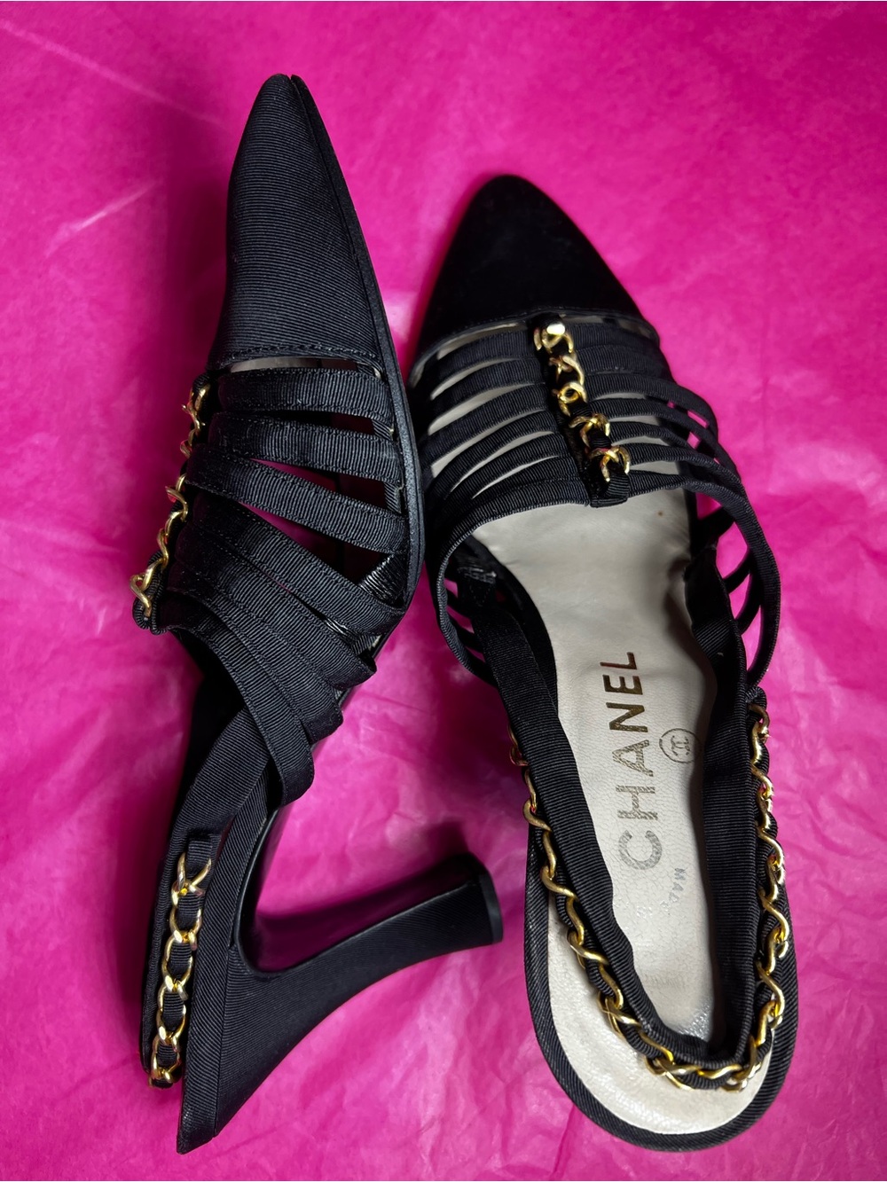 RARE highly archival 1990’s Chanel Black Chain-Trim Slingback Heels